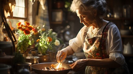 An old woman cooking, generative ai