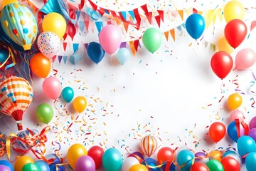 Colorful empty party carnival birthday celebration background with colorful streamer air balloon garland isolated on white