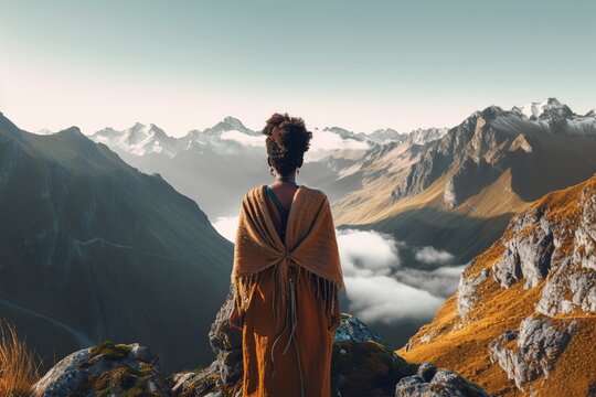 irl on mountain peak with looking at beautiful mountain, adventurous woman standing on top of peak, Girl in long white dress in the mountains