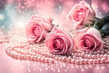 Pink roses bouquet and pearls on abstract blur pastel background. Wedding flowers and bright bokeh glitter backdrop. Wedding, bridal, valentines and mothers day celebration design
