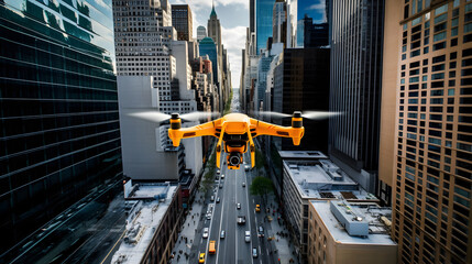 A drone's perspective of New York City, hovering above the streets and capturing a dynamic angle of iconic landmarks such as the Flatiron Building,
