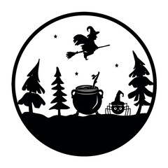 silhouette of a witch on a broom flying over the forest vector