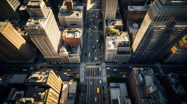 A drone's perspective of New York City, hovering above the streets and capturing a dynamic angle of iconic landmarks such as the Flatiron Building,