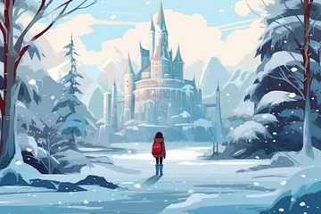 Tableaux ronds sur plexiglas Anti-reflet Bleu clair little child walk to big castle in winter landscape illustration