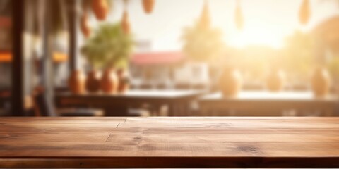 Wooden table's surface standing out against a softly blurred restaurant setting.