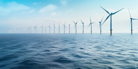 Wind turbines on the sea's horizon, advancing sustainable power. - obrazy, fototapety, plakaty