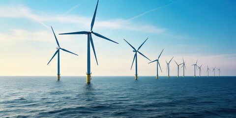 Wind turbines adorning the sea, a transformation of natural forces into power. - obrazy, fototapety, plakaty