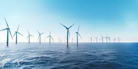 Fototapeta premium Wind turbines in the sea landscape, a commitment to clean electricity.