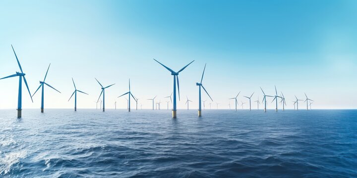 Wind turbines in the sea landscape, a commitment to clean electricity.
