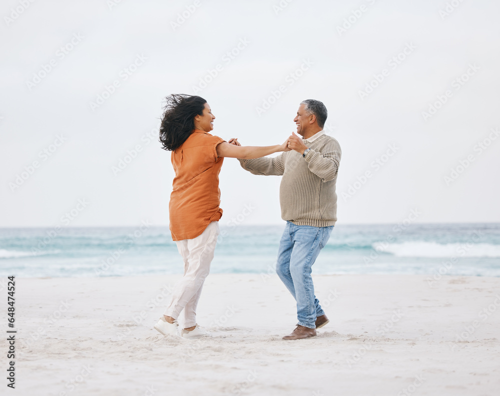 Canvas Prints Beach, dance and senior happy couple love, fun date or care on travel holiday, retirement or nature vacation energy. Free dancer, ocean sea and elderly man, old woman and marriage people bond on sand