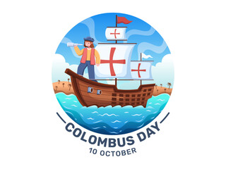 Vector illustration for Columbus Day, depicting Christopher Columbus as he stands aboard his ship, gazing into the distance with binoculars in hand, captures the spirit of discovering the New World.
