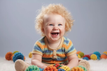Fototapeta na wymiar baby playing with toys, baby on blanket , baby smile