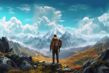 Hiker or alpinist at the top of a mountain with heavy backpack, a adventure man on a top of a peak, travel backpacker hiking