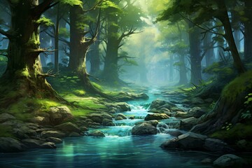 Artwork showcasing the serene flow of a river amidst a lush woodland. Generative AI