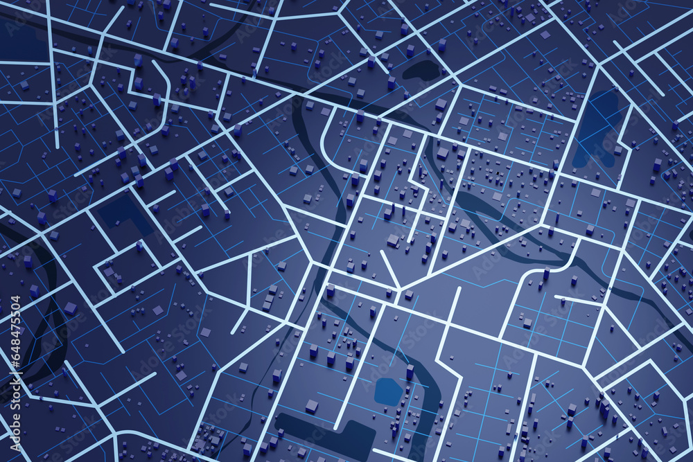 Poster 3d rendering city map illustration of a city map created using 3d modeling. top view of urban map wi