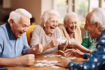A joyful group of seniors gathers in a retirement nursing home, playing cards and sharing hearty laughter, fostering camaraderie and creating a warm and lively atmosphere in the community living space - obrazy, fototapety, plakaty