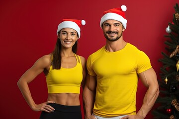 Fit Couple in Santa Hats by Christmas Tree on Red Background dressing Yellow Sporty Clothes with Gym and Christmas Vibes, Generative AI