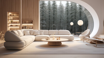 Futuristic Scandinavian Living Room with Automated Comfort and Modern Style. Concept Of Ultra Modern Living Room Architecture. Generative AI