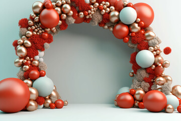 Christmas and New Year holidays concept. Arch made of various balloons Christmas theme. Cozy festive mood, pastel colors. Abstract background with copy space or product placement. Generative AI