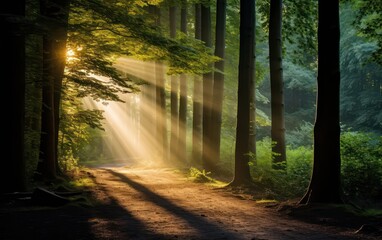 Beautiful rays of sunlight in a green forest