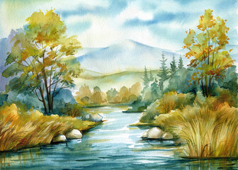 Beautiful autumn landscape with river and mountains, watercolor painting illustration