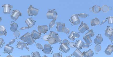 Many of flying glass jars for coffee beans isolated on blue background.