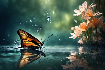 butterfly on the water with flowers