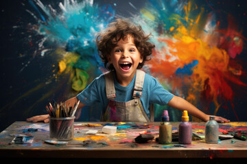 a child is happily painting with chalk and paint brushes