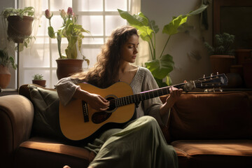 A woman playing a guitar, nature background