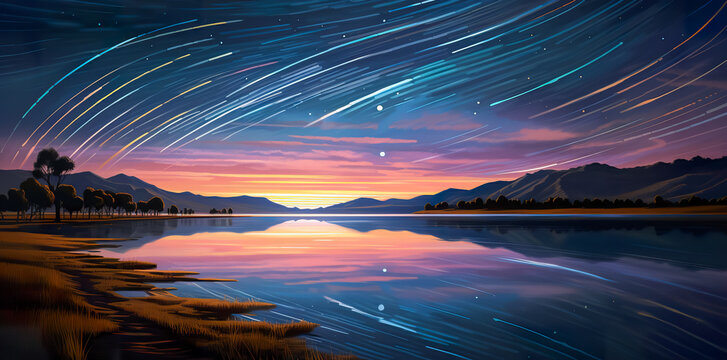 Beautiful landscape mountains in the starry night with Milky Way and startails background