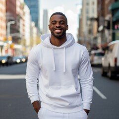 Fototapeta premium Illustration of a fashion portrait with plain hoodie mockup, AI Generated