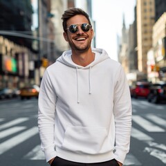 Fototapeta premium Illustration of a fashion portrait with plain hoodie mockup, AI Generated