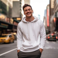 Fototapeta premium Illustration of a fashion portrait with plain hoodie mockup, AI Generated