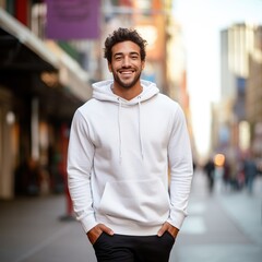Fototapeta premium Illustration of a fashion portrait with plain hoodie mockup, AI Generated