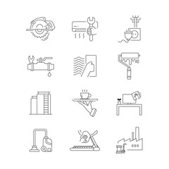 Set of line icons related to labor, construction, masonry, cleaning,  AC, plumbing, wall painting,  carpentry, office boy. Outline icons collection. Vector illustration.