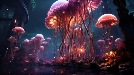Neon jellyfish soar, alien robot mushrooms intrigue.  - obrazy, fototapety, plakaty