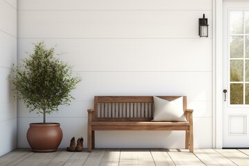 Front door of a farmhouse with a white shiplap wall, wooden bench, and an interior mockup. Generative AI - obrazy, fototapety, plakaty