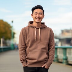 Fototapeta premium Illustration of a fashion portrait with plain hoodie mockup, AI Generated