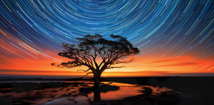 Beautiful landscape mountains in the starry night with Milky Way and startails background