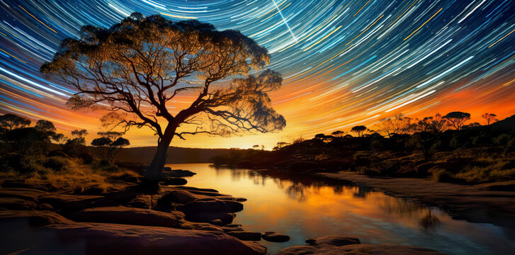 Beautiful landscape mountains in the starry night with Milky Way and startails background