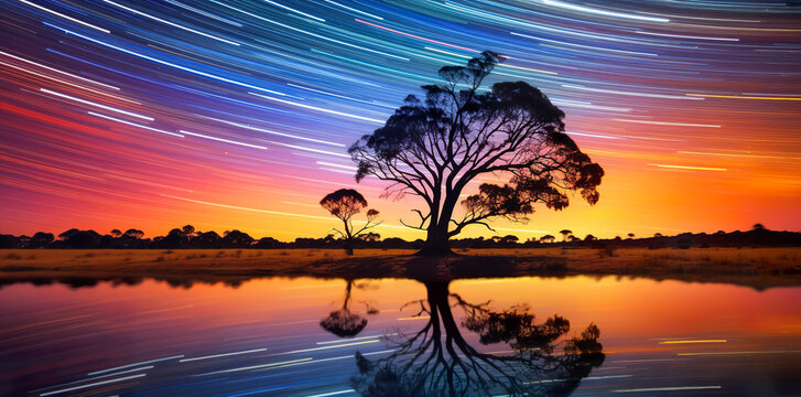 Beautiful landscape mountains in the starry night with Milky Way and startails background