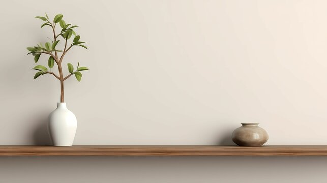 wooden shelves against the cream-colored walls with decorative plants in vases