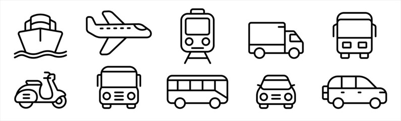 Public Transportation icon set in line style. Transport simple black style symbol sign for apps and website, vector illustration.	