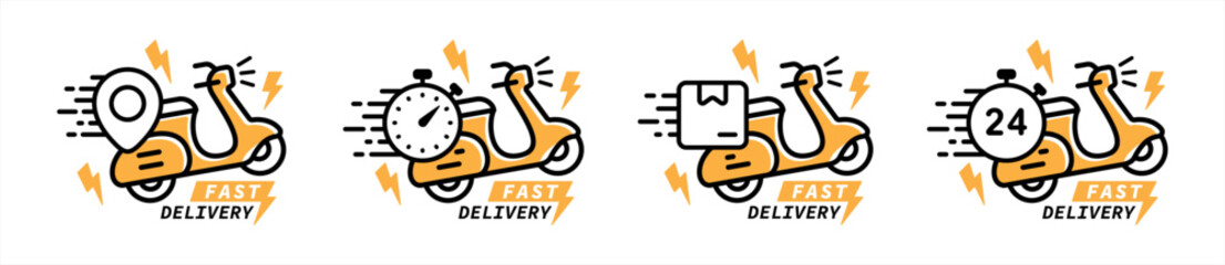 Express delivery icon set in line style. Scooter motorcycle with stop watch icon for service, order, fast, free, worldwide shipping simple style symbol sign for apps and website, vector illustration.