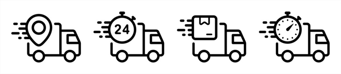 Delivery service icon set in line style. Logistic trucking, Express delivery trucks, Fast shipping truck, delivery 24 hours simple black style symbol sign for apps and website, vector illustration. © Evolvect