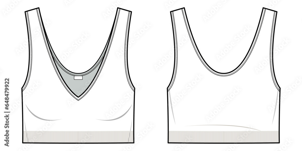 Wall mural cropped tank top with a v-neckline-Unlined- Slim fit- Slip-on style- Sleeveless women's top, Front, and back fashion flat sketch. CAD mockup Technical drawing, artwork - Wall murals
