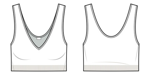 cropped tank top with a v-neckline-Unlined- Slim fit- Slip-on style- Sleeveless women's top, Front, and back fashion flat sketch. CAD mockup Technical drawing, artwork