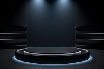 Modern dark round pedestal interior with spotlight and mock up place 3d