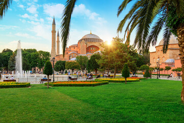 Famous Hagia Sophia Mosque (Ayasofya) at summer sky with cloudy dahlia flowers in Sultanahmet Park, Istanbul, Turkey - obrazy, fototapety, plakaty