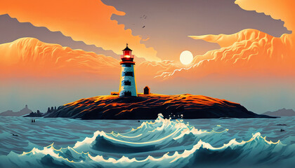 海に囲まれた孤島の灯台のイラスト